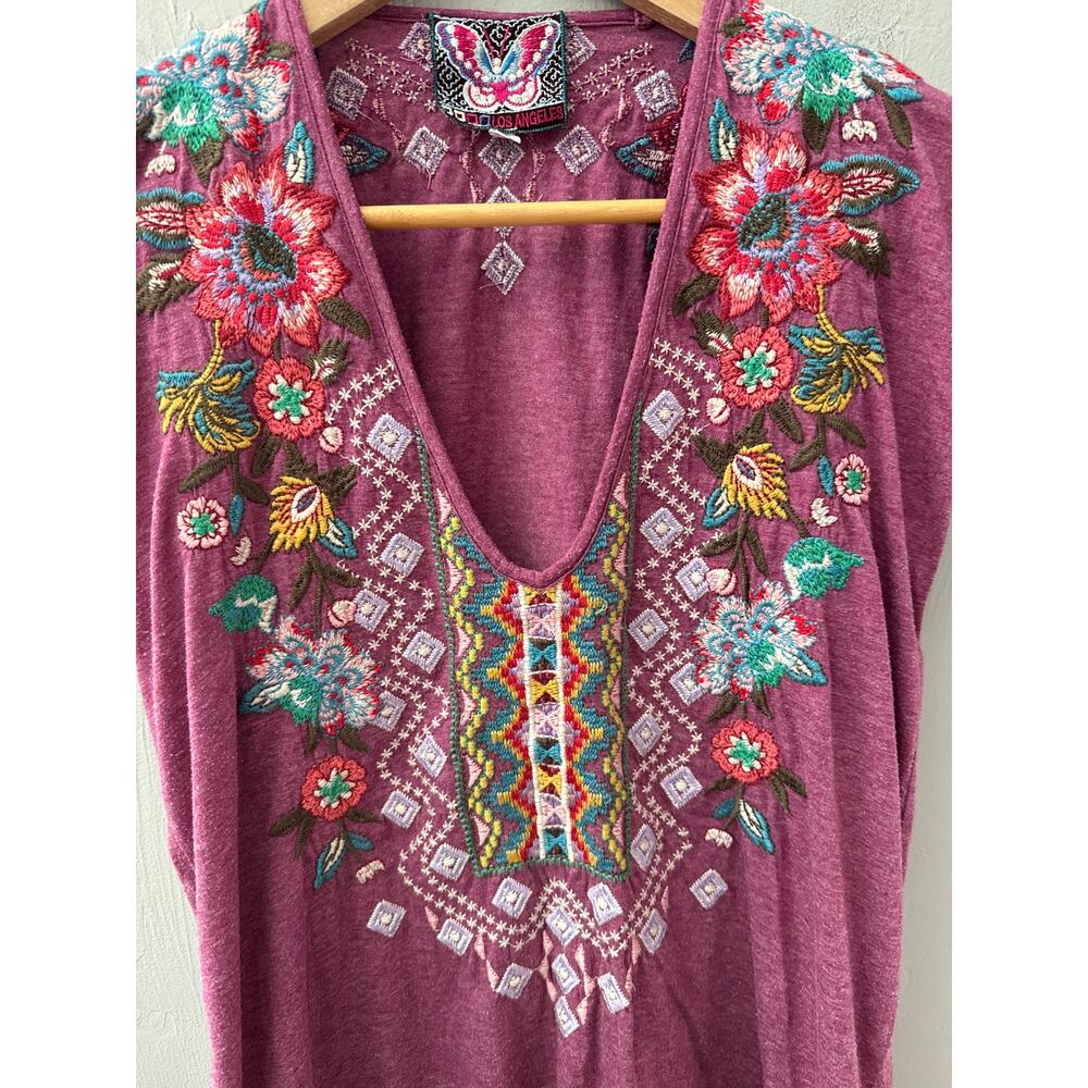 Johnny Was Purple Embroidered V-Neck Short Sleeve Tee - Picture 4 of 8